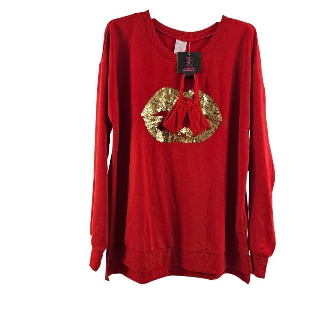 No Boundaries NOBO Red w/ Gold Sequin Lips 2 Piece Mast and Long Sleeve Top NWT